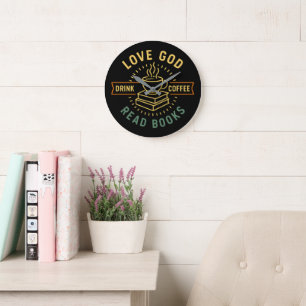 Grande Horloge Ronde Love God Drink Coffee Lire les livres Amateurs Vin