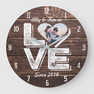 Grande Horloge Ronde Love Rustic Woodland Photo Heart Frame monogram