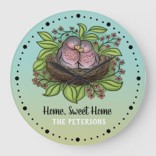 Grande Horloge Ronde Lovebirds Couple à Nest Home Sweet Home