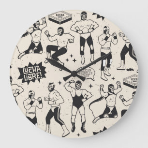 Grande Horloge Ronde Lucha Libre : motif de lutteurs mexicains