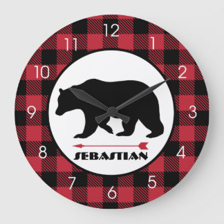 Grande Horloge Ronde Lumberjack Black Bear Buffalo Plaid Hunter Theme