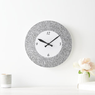Grande Horloge Ronde Lumière grise argentée paillettes scintillent noir