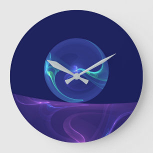 Grande Horloge Ronde Lumineuse Bleu Violet Rêve Abstrait Fractal Art