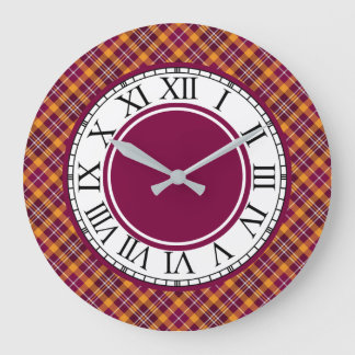 Grande Horloge Ronde Lumineux Orange et Maroon Sporty Plaid