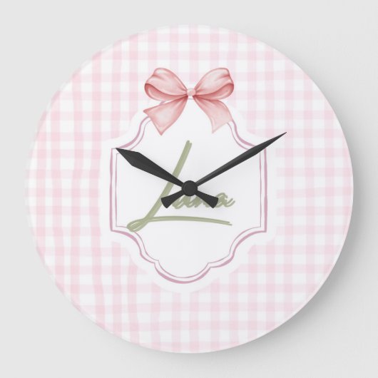 Grande Horloge Ronde Luna Baby Girl Nursery Bow & En vichy personnalisé (Recto)