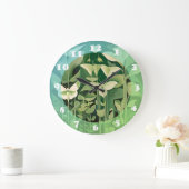 Grande Horloge Ronde Luna Moth et fleurs - Vert et Crème (Maison)