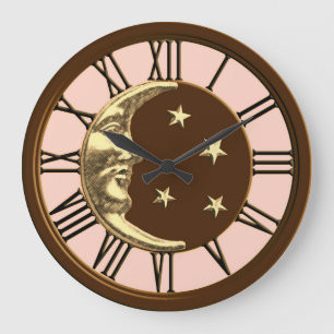 Grande Horloge Ronde Lune d'art déco et étoiles - pêche, brun et or
