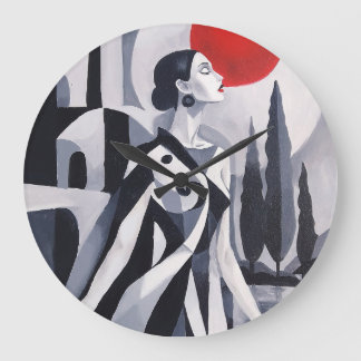 Grande Horloge Ronde Lune écarlate : Femme stylisée dans un paysage mon