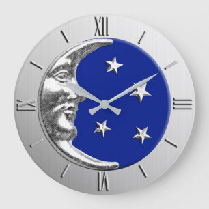 Grande Horloge Ronde Lune et étoiles d'art déco - bleu et argent de