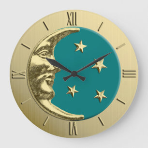 Grande Horloge Ronde Lune et étoiles d'art déco - Teal et or