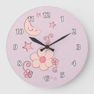Grande Horloge Ronde Lune rose et étoiles féminines