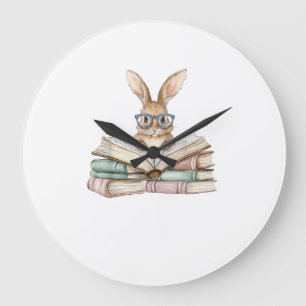 Grande Horloge Ronde Lunettes de lecture de lapin mignon livres lecteur