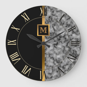 Grande Horloge Ronde Luxe Élégant Moderne Marbre Noir Or