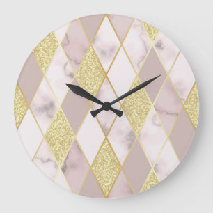 Grande Horloge Ronde Luxueux Marbre Golden Géométrique
