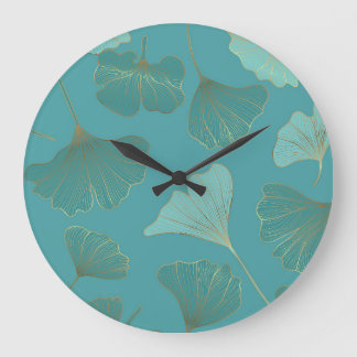 Grande Horloge Ronde Luxueux or Ginkgo, papier peint vintage.