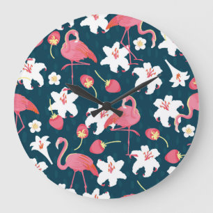 Grande Horloge Ronde Lys Flamant rose : Design Vintage tropical.