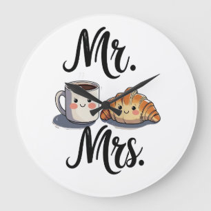 Grande Horloge Ronde M. et Mme Couple Mignon Café et Croissant Desi