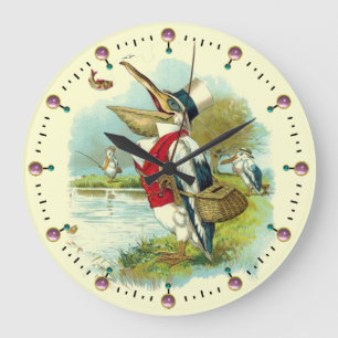 Grande Horloge Ronde M. PELICAN PÊCHE, Crème, Pierres roses