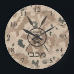 Grande Horloge Ronde Maccabee Shield And Spears - Desert<br><div class="desc">A military brown "subdued" style depiction of a Maccabee's shield and two spears on a desert camo background. The shield is adorned by a lion and text reading "Yisrael" (Israel) in the Paleo-Hebrew alphabet. Modern Hebrew text reading "Maccabee" also appears. The Maccabees were Jewish rebels who freed Judea from the...</div>