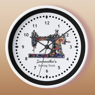 Grande Horloge Ronde Machine à coudre à tapisserie florale