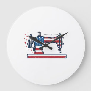 Grande Horloge Ronde Machine à coudre patriotique Gravure vintage Vecto