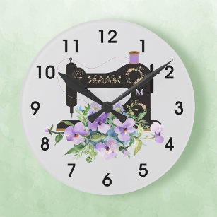 Grande Horloge Ronde Machine à coudre Vintage à fleurs violet Monogramm