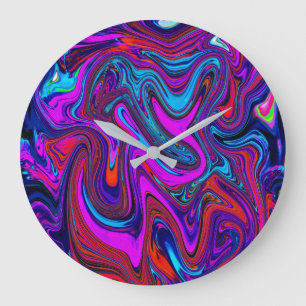 Grande Horloge Ronde Magenta marbré, Art Abstrait bleu et rouge