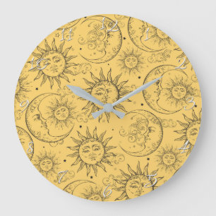 Grande Horloge Ronde Magie Jaune Vintage Céleste Soleil Lune Étoiles