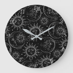 Grande Horloge Ronde Magie Noire Vintage Céleste Soleil Lune Étoiles