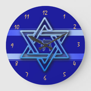 Grande Horloge Ronde Magnifique étoile de David sur fond bleu juif