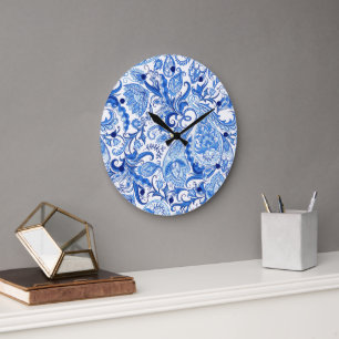 Grande Horloge Ronde Magnifique motif artistique de paisley floral bleu