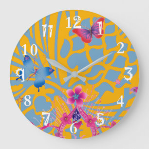 Grande Horloge Ronde Magnifique motif floral féminin de papillons étonn