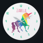 Grande Horloge Ronde Magnifique Rainbow Unicorn Personnalisé Enfants Gi<br><div class="desc">Cool Rainbow Watercolor Unicorn Joli Enfants Personnalisé Horloge. Personnalisez ce cadeau de licorne amusant et coloré en police rose vif. Silhouette de licorne dans un arc-en-ciel d'aquarelle des traits de rouge, orange, jaune, vert, bleu et violet. L'arrière - plan blanc permet aux couleurs vives de se démarquer magnifiquement. Numéros d'horloge...</div>
