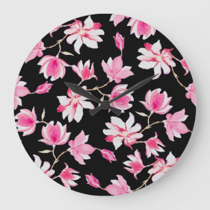 Grande Horloge Ronde Magnolia romantique : Aquarelle noire