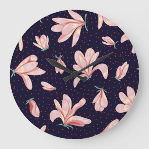 Grande Horloge Ronde Magnolias florissants, motif vintage dessiné à la