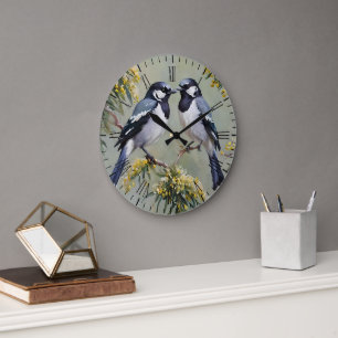 Grande Horloge Ronde Magpies Australiennes Dans Peinture À L'Huile D'Ar