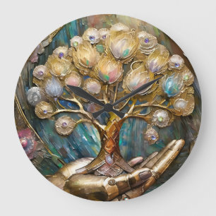 Grande Horloge Ronde Main de robot doré tenant l'arbre de vie doré