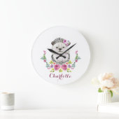 Grande Horloge Ronde Main painted Hedgehog floral (Maison)