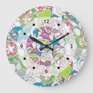 Grande Horloge Ronde Main Tirée Par EDDArt - Étoiles Et Coeurs 1