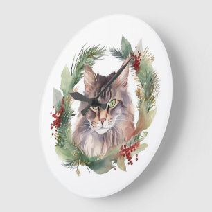 Grande Horloge Ronde Maine Coon Chat Noël Wreath Festive Kitten