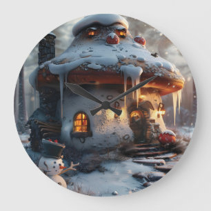 Grande Horloge Ronde Maison de champignons dans la neige