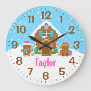 Grande Horloge Ronde Maison en pain d'épices rose et bleu