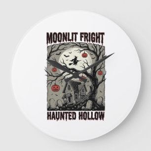 Grande Horloge Ronde Maison Hantée Halloween Gravure Vintage Lune Shi