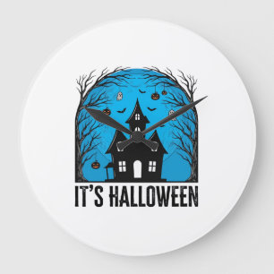 Grande Horloge Ronde Maison Hantée Halloween Lune Gravure Vintage Dés