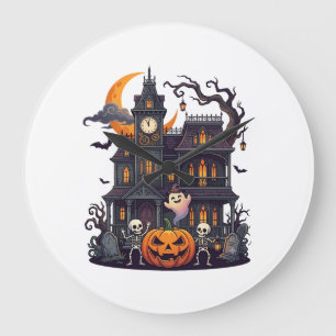 Grande Horloge Ronde Maison Hantée Halloween Squelettes Citrouille Fant
