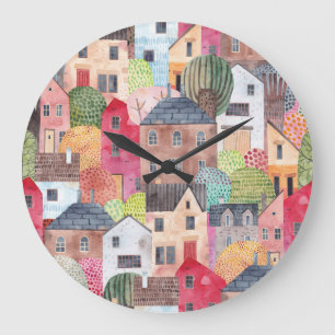 Grande Horloge Ronde Maisons Abstraites : Aquarelle Arrière - plan sans