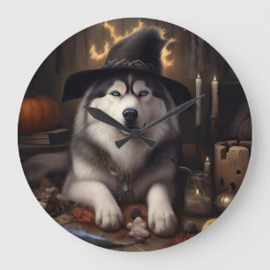 Grande Horloge Ronde Malamute d'Alaska Citrouilles Halloween Épouvantab