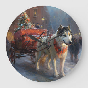 Grande Horloge Ronde Malamute d'Alaska Saison de Fêtes de Noël