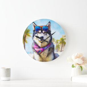 Grande Horloge Ronde Malamute d'Alaska sur la plage, cadeau d'été