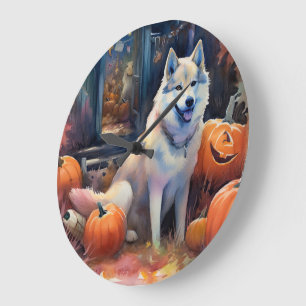 Grande Horloge Ronde Malamute d'Halloween en Alaska avec la peur Citrou